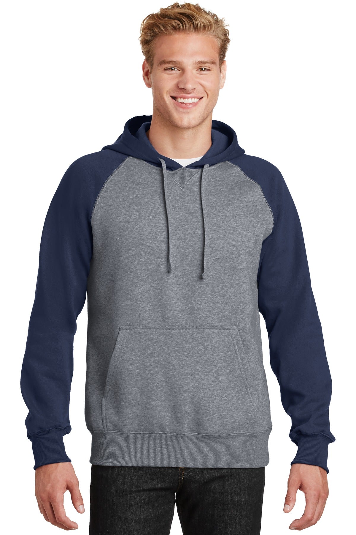 Front View of Tr Navy/Vnt He Sport-Tek Raglan Colorblock Pullover Hooded Sweatshirt. ST267 plain