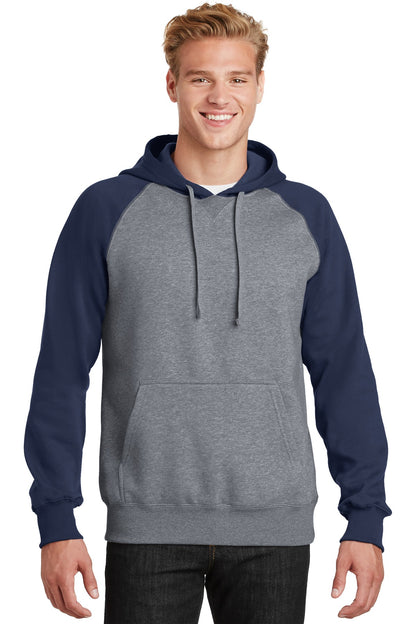 Front View of Tr Navy/Vnt He Sport-Tek Raglan Colorblock Pullover Hooded Sweatshirt. ST267 plain