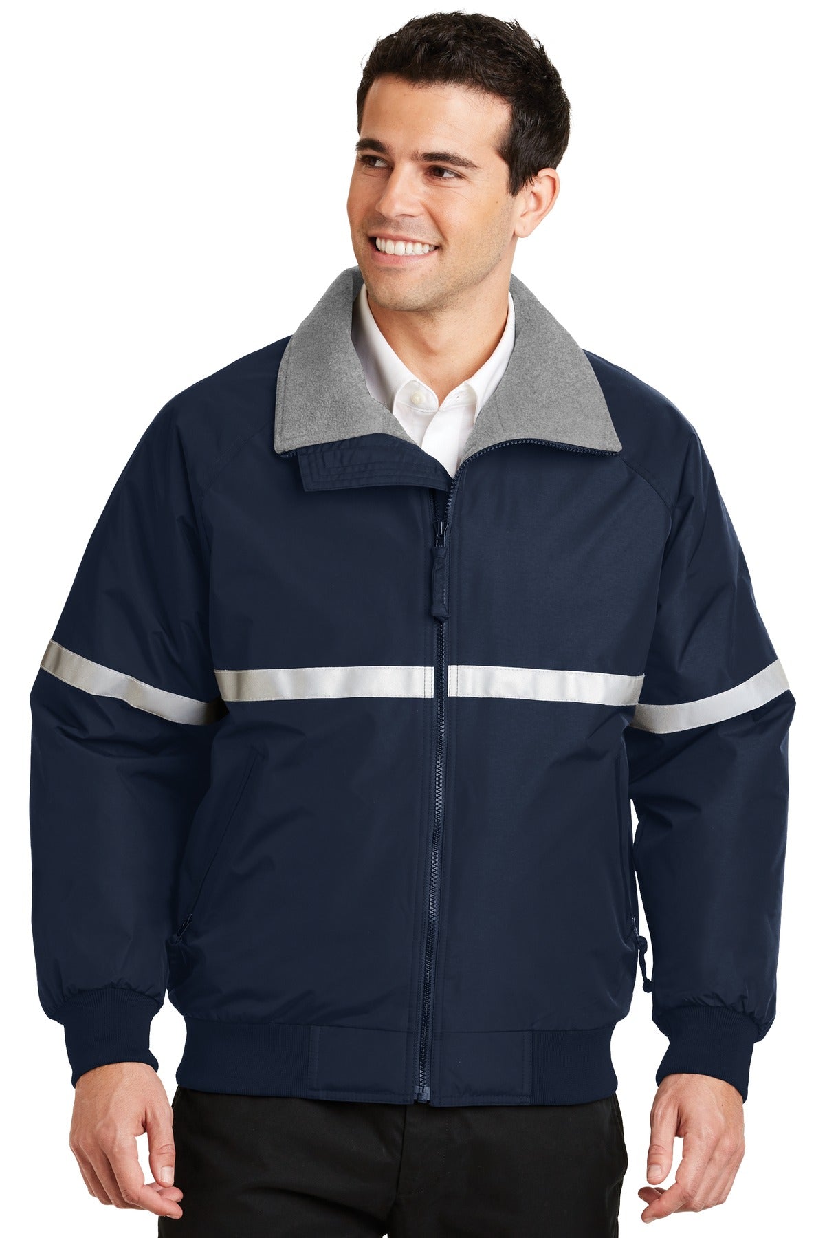 Front View of Tr Ny/Gry/Refl Port Authority Challenger Jacket with Reflective Taping J754R plain