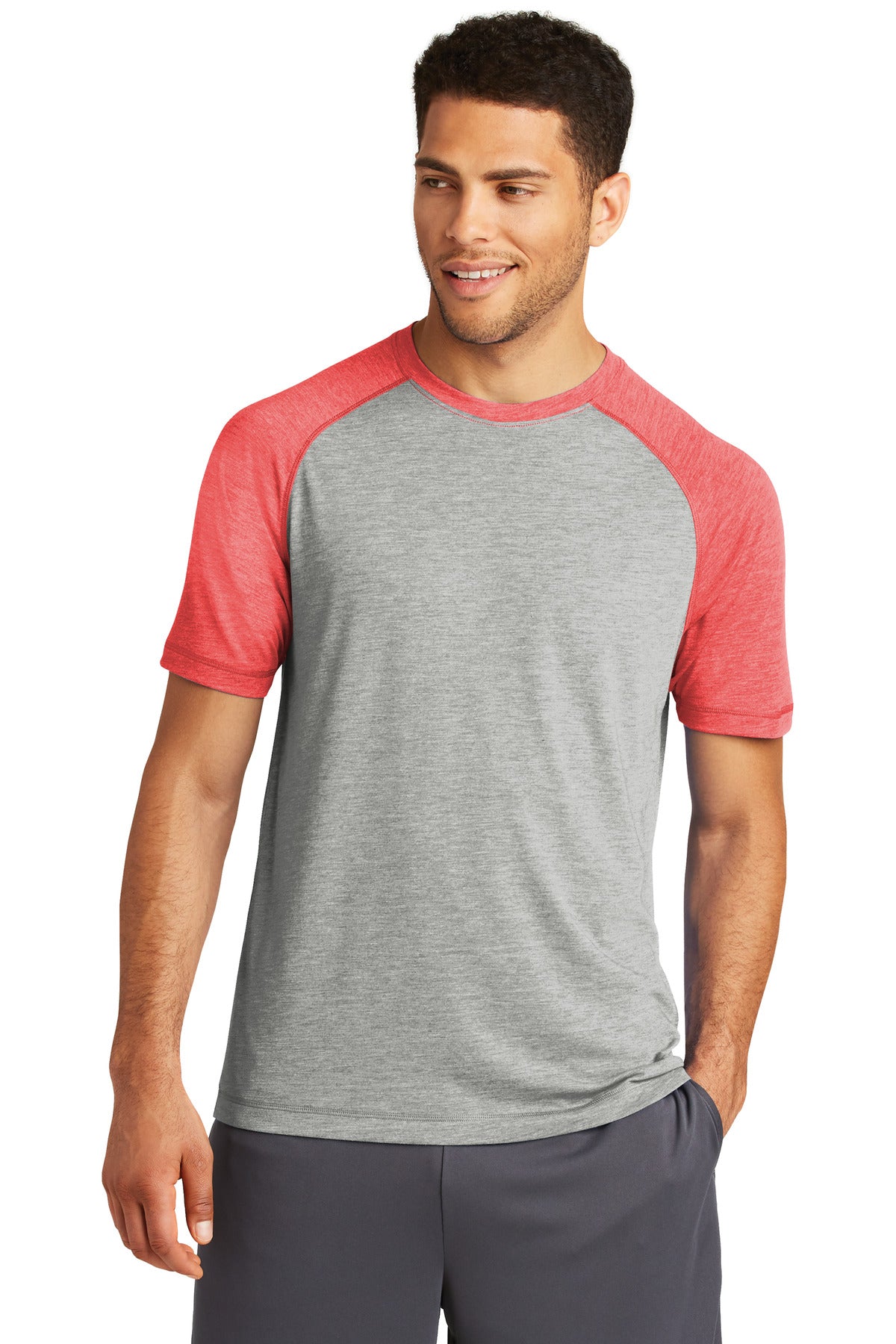 Front View of Tr Red Hth/LGH Sport-Tek PosiCharge Tri-Blend Wicking Raglan Tee. ST400 plain