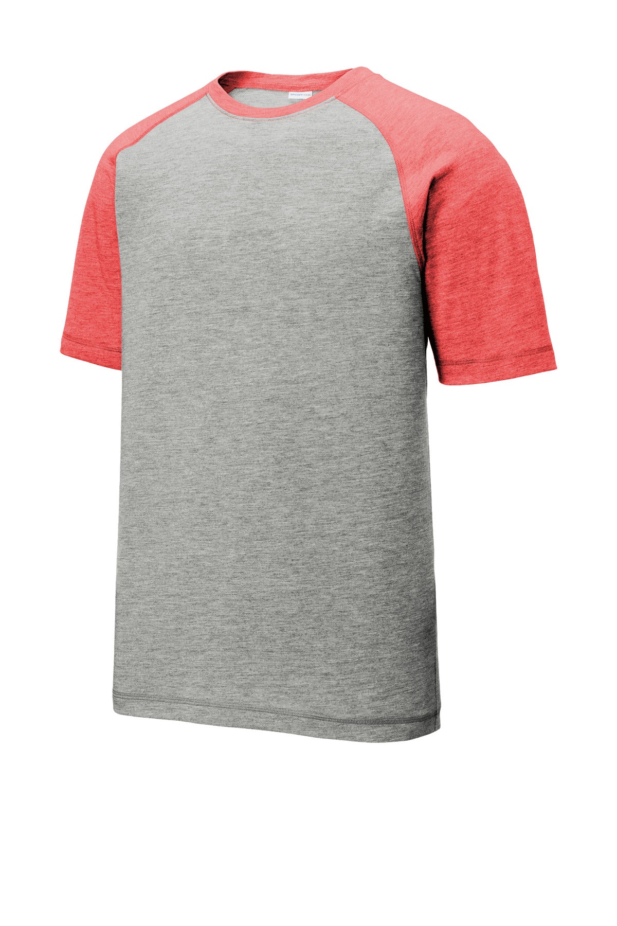 Front View of Tr Red Hth/LGH Sport-Tek PosiCharge Tri-Blend Wicking Raglan Tee. ST400 plain