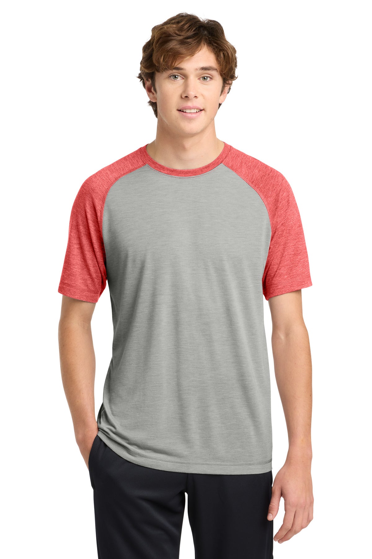 Front View of Tr Red Hth/LGH Sport-Tek PosiCharge Tri-Blend Wicking Raglan Tee. ST400 plain