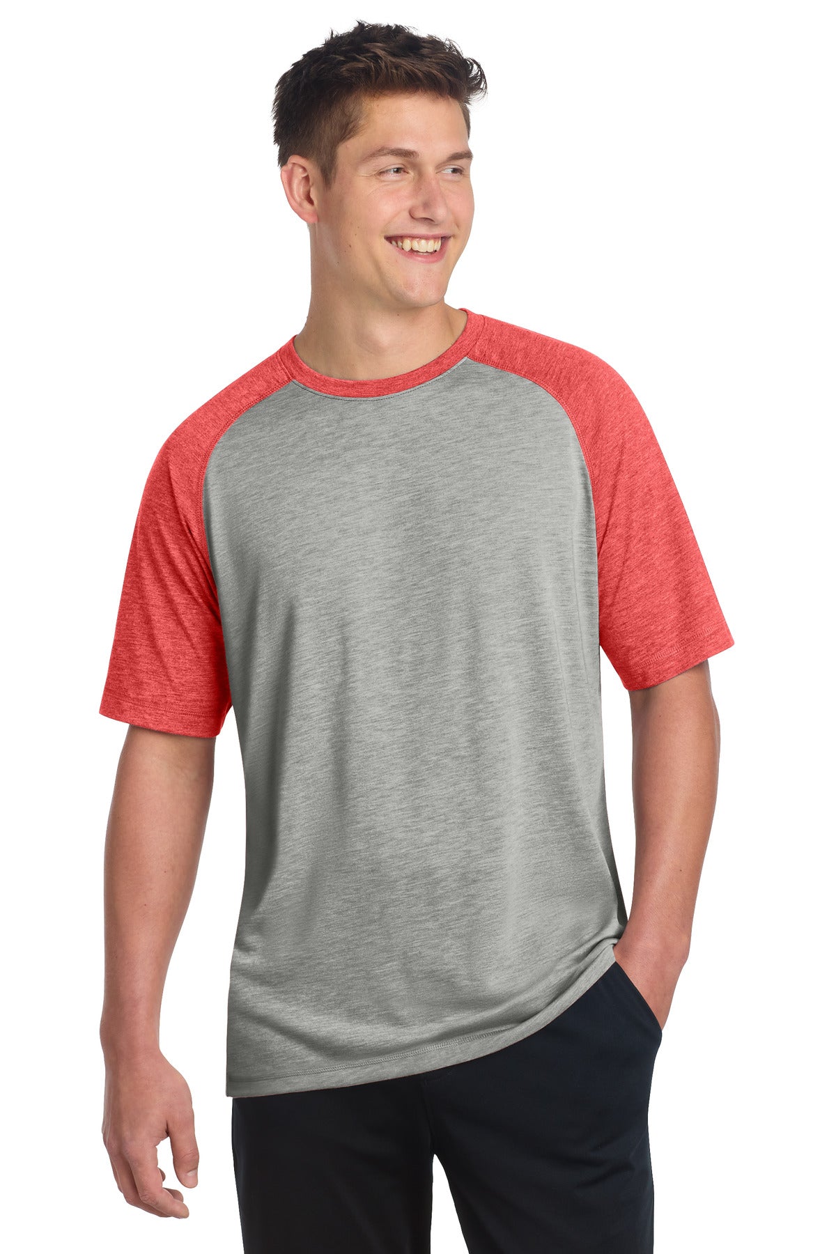 Front View of Tr Red Hth/LGH Sport-Tek PosiCharge Tri-Blend Wicking Raglan Tee. ST400 plain
