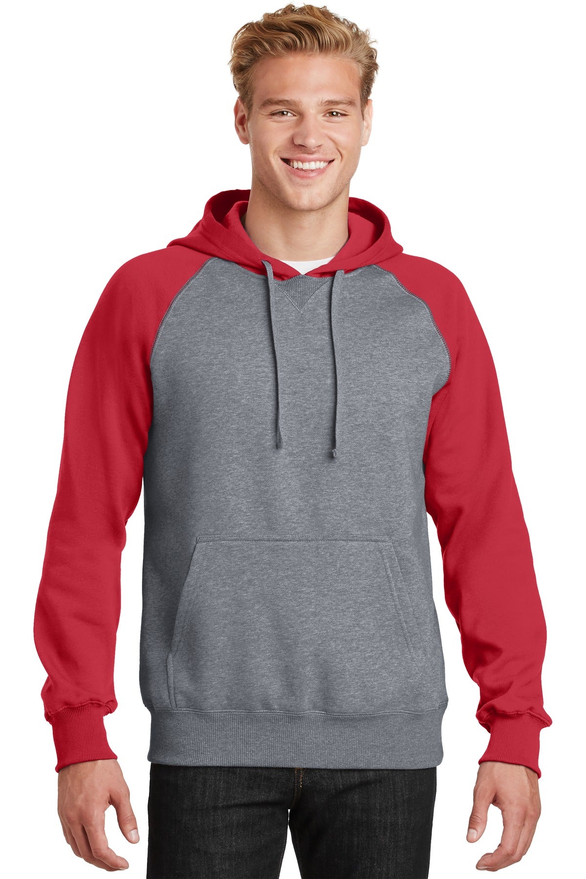 Front View of Tr Red/Vnt He Sport-Tek Raglan Colorblock Pullover Hooded Sweatshirt. ST267 plain