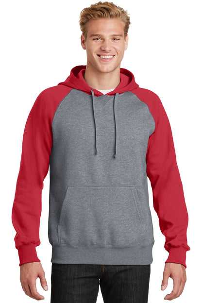 Front View of Tr Red/Vnt He Sport-Tek Raglan Colorblock Pullover Hooded Sweatshirt. ST267 plain