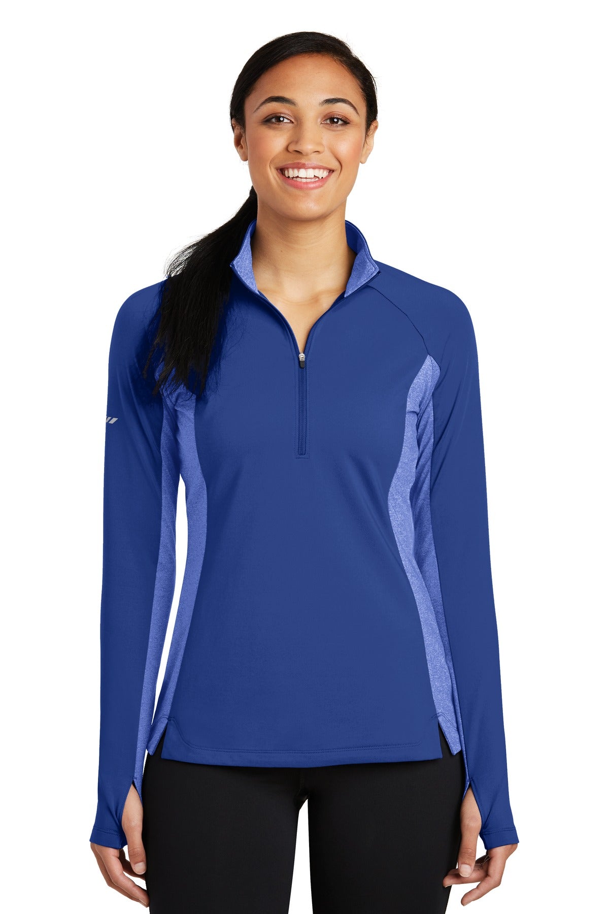 Front View of Tr Royal/TrRyH Sport-Tek Women's Sport-Wick Stretch Contrast 1/4-Zip Pullover. LST854 plain