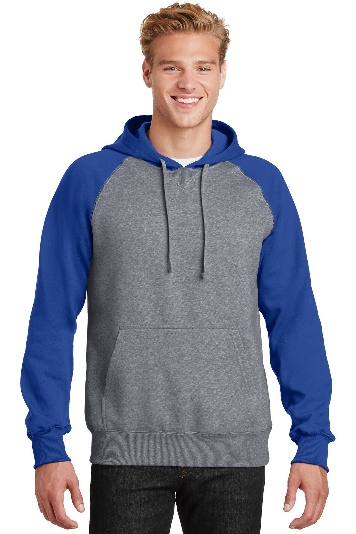 Front View of Tr Royal/VntHe Sport-Tek Raglan Colorblock Pullover Hooded Sweatshirt. ST267 plain