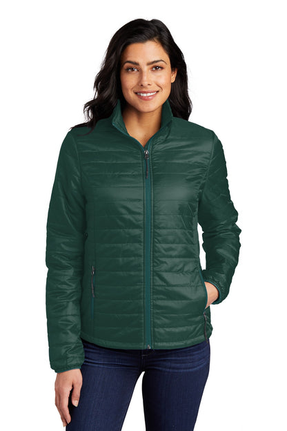 Front View of Tree Gn/Mar Gn Port Authority Women's Packable Puffy Jacket L850 plain