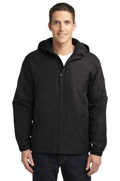 Front View of True Black Port Authority Hooded Charger Jacket. J327 plain