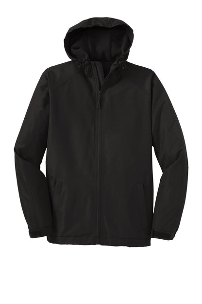 Front View of True Black Port Authority Hooded Charger Jacket. J327 plain