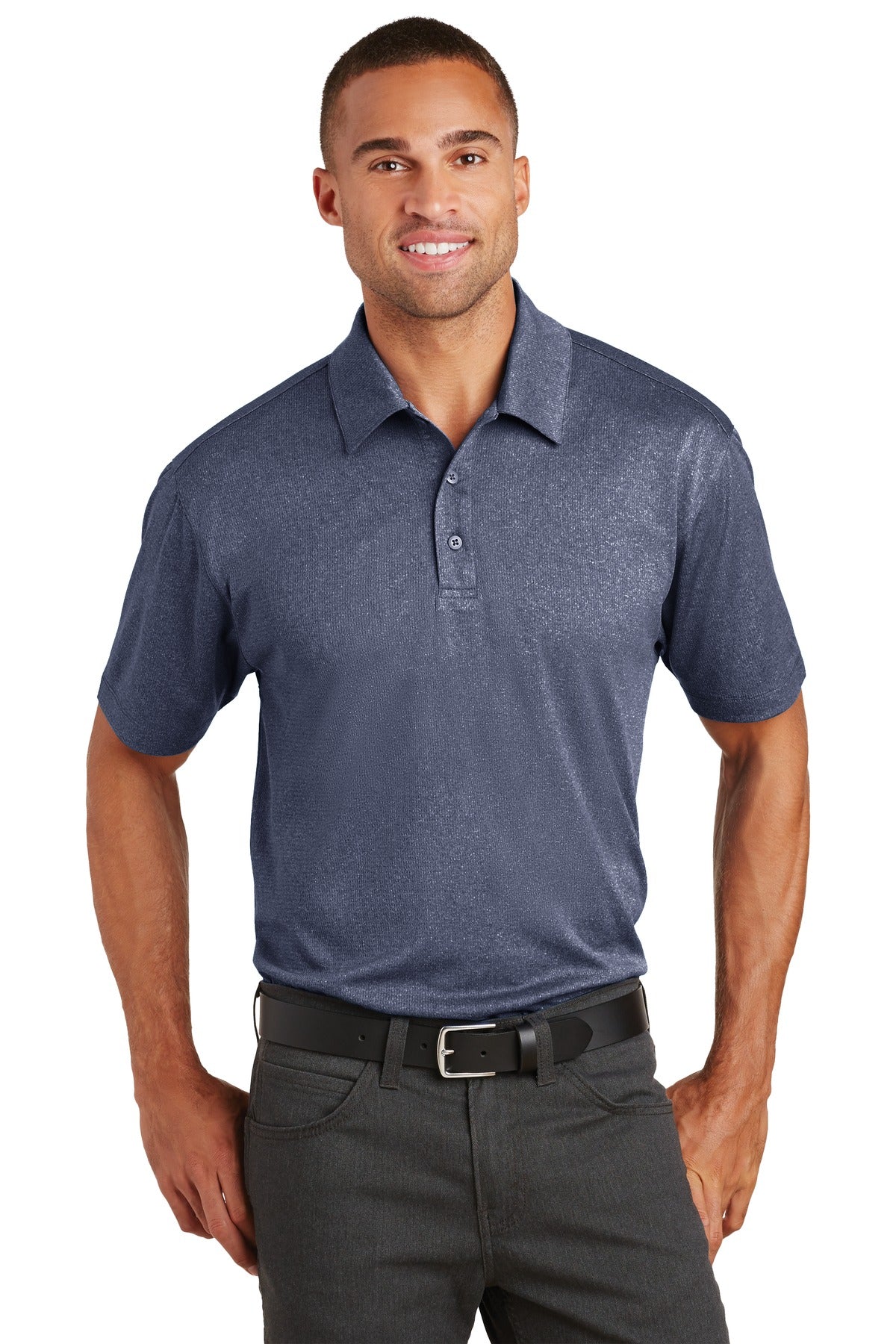 Front View of True Navy Hthr Port Authority Trace Heather Polo. K576 plain