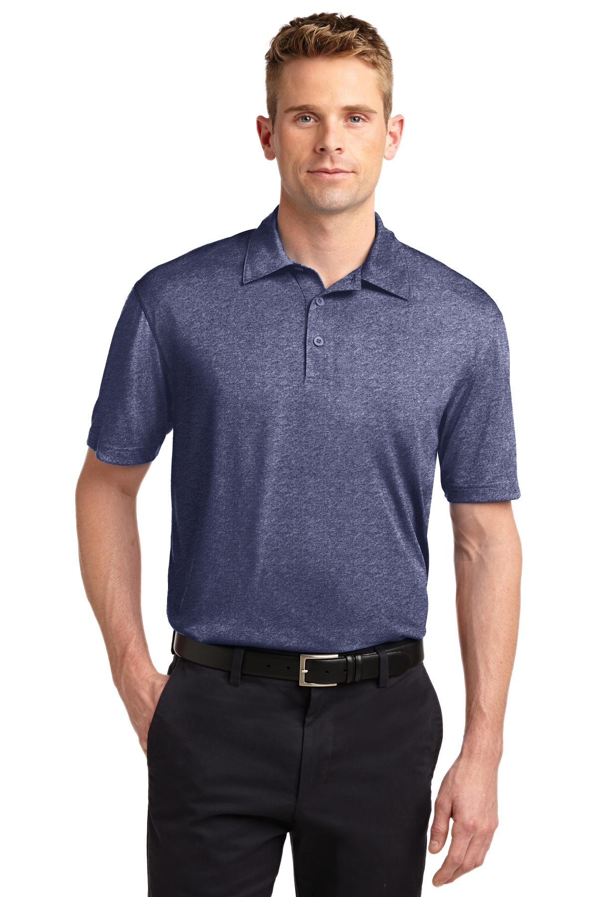 Front View of True Navy Hthr Sport-Tek Heather Contender Polo. ST660 plain