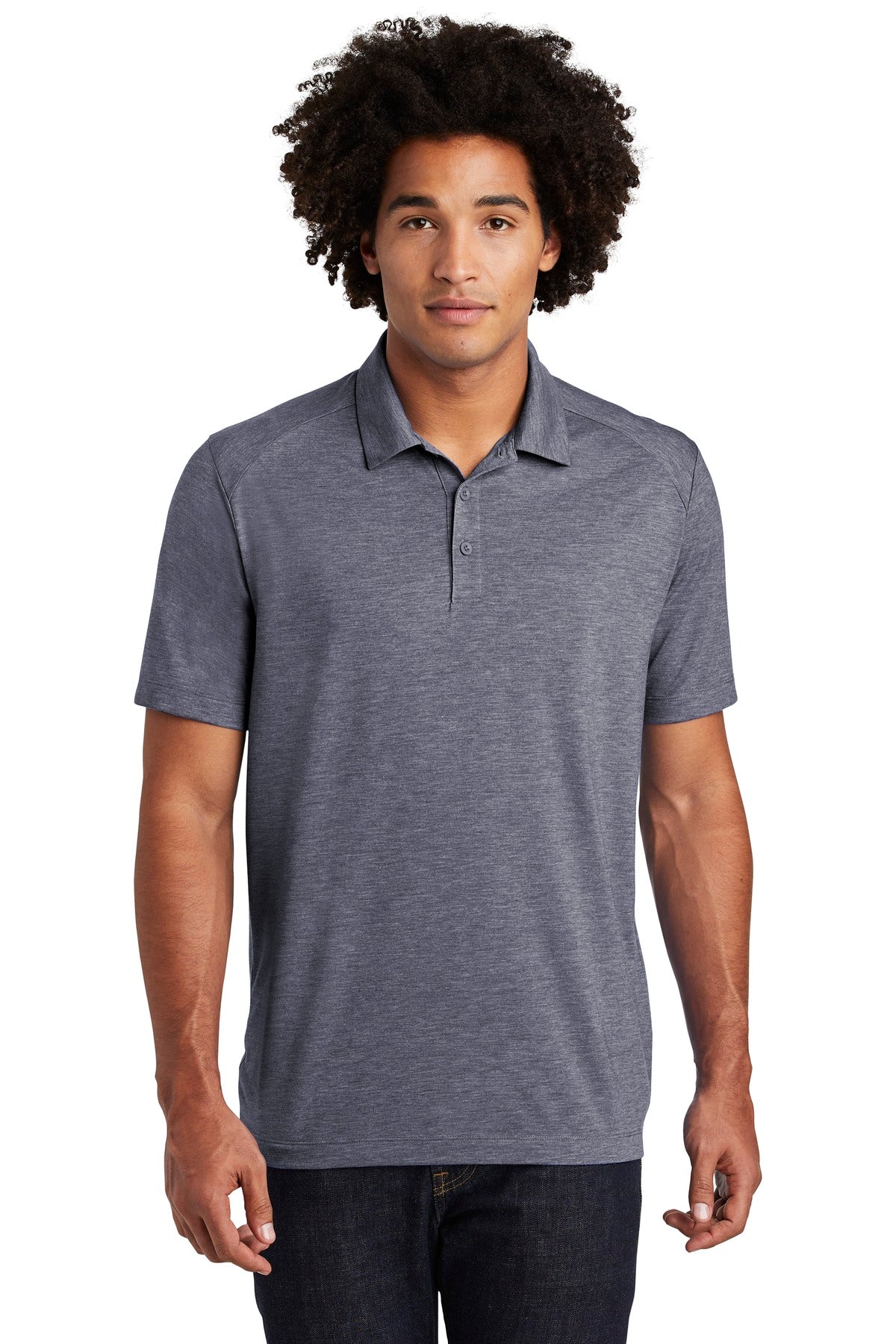 Front View of True Navy Hthr Sport-Tek PosiCharge Tri-Blend Wicking Polo. ST405 plain