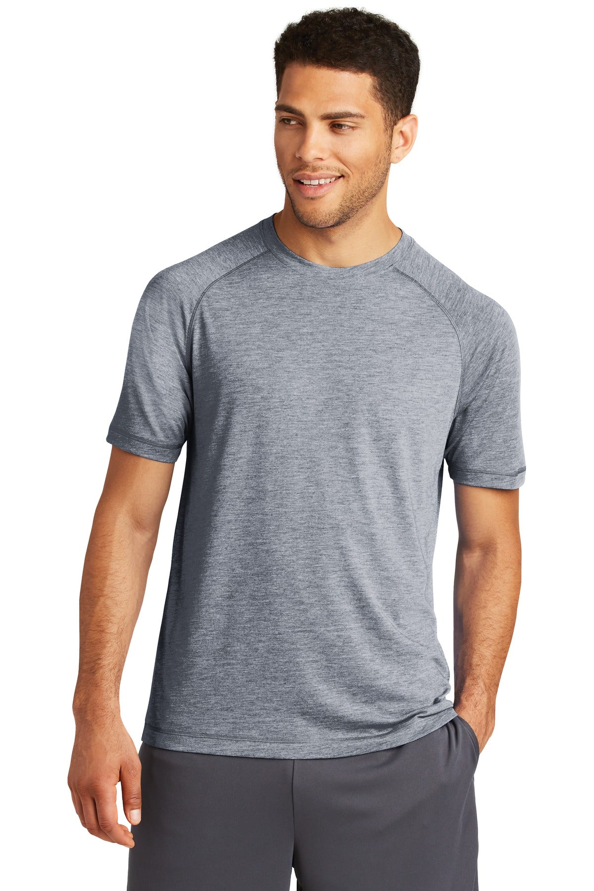 Front View of True Navy Hthr Sport-Tek PosiCharge Tri-Blend Wicking Raglan Tee. ST400 plain