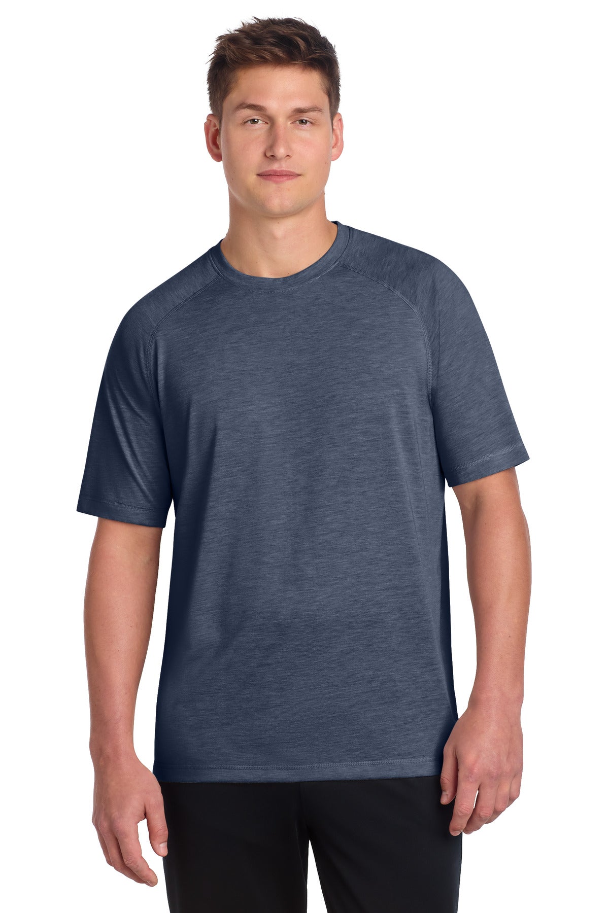 Front View of True Navy Hthr Sport-Tek PosiCharge Tri-Blend Wicking Raglan Tee. ST400 plain