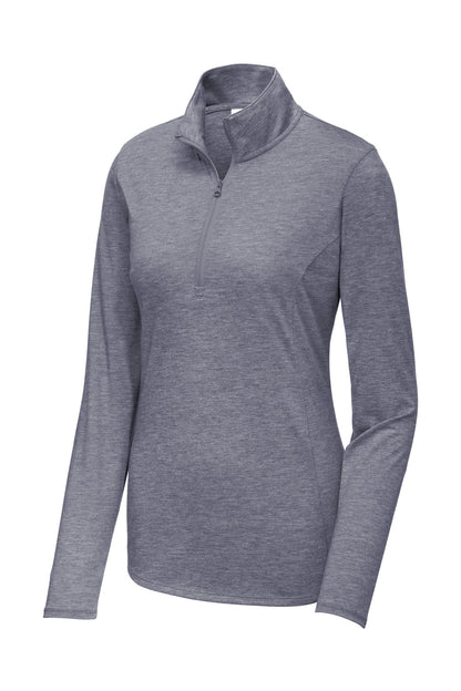 Front View of True Navy Hthr Sport-Tek Women's PosiCharge Tri-Blend Wicking 1/4-Zip Pullover. LST407 plain