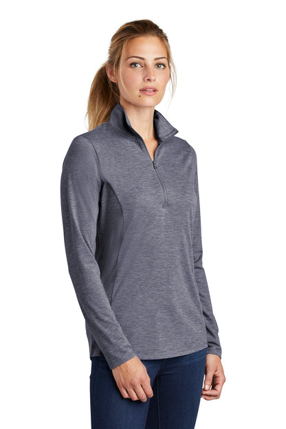 Front View of True Navy Hthr Sport-Tek Women's PosiCharge Tri-Blend Wicking 1/4-Zip Pullover. LST407 plain