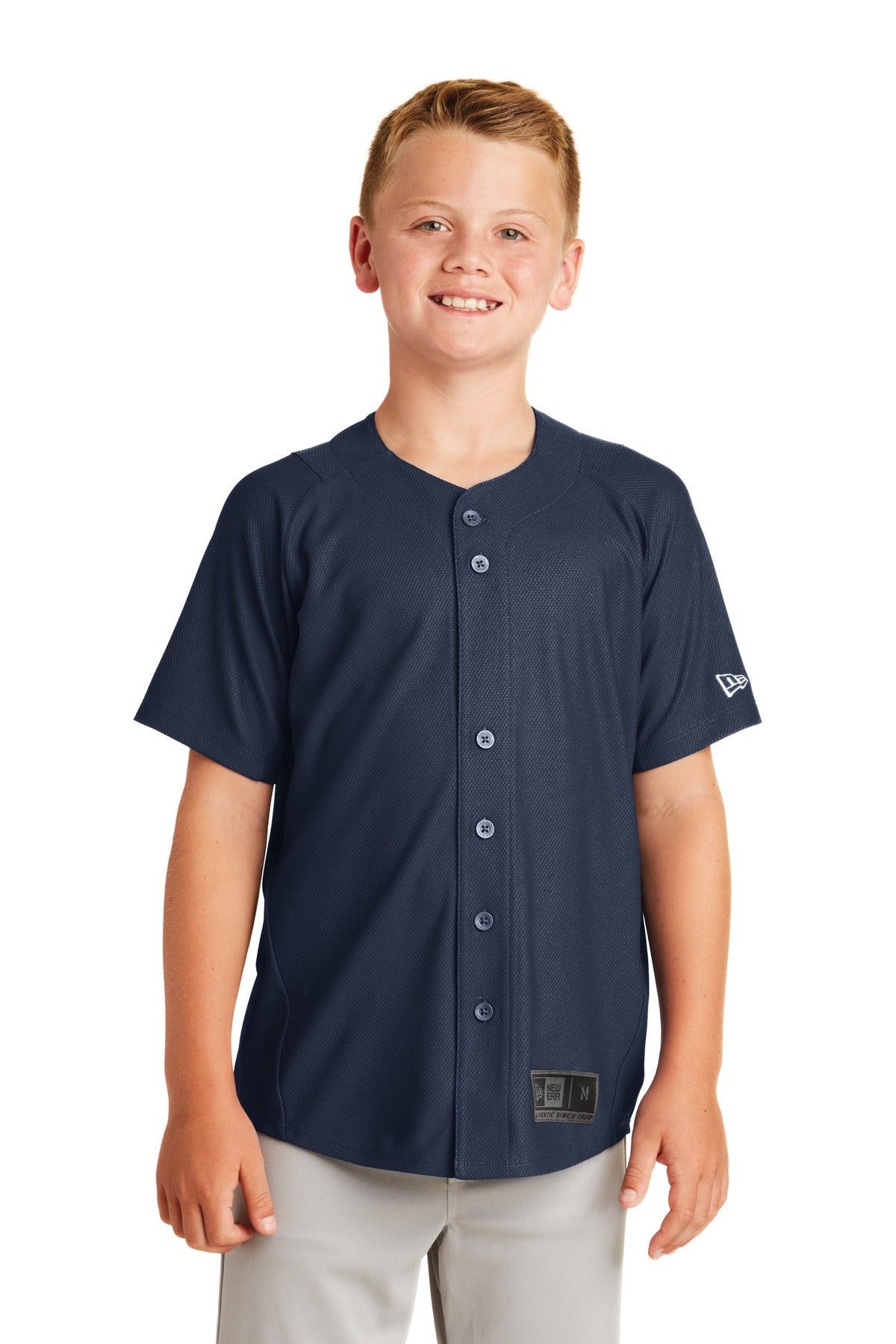 Front View of True Navy New Era Youth Diamond Era Full-Button Jersey. YNEA220 plain