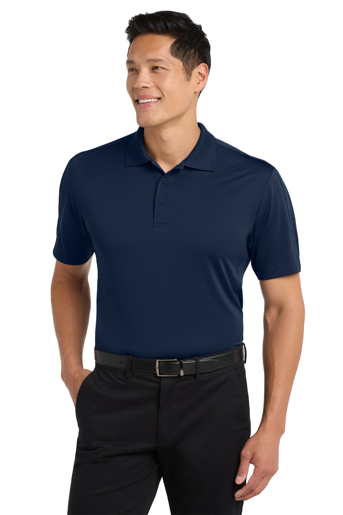 Front View of True Navy Port Authority Diamond Jacquard Polo. K569 plain