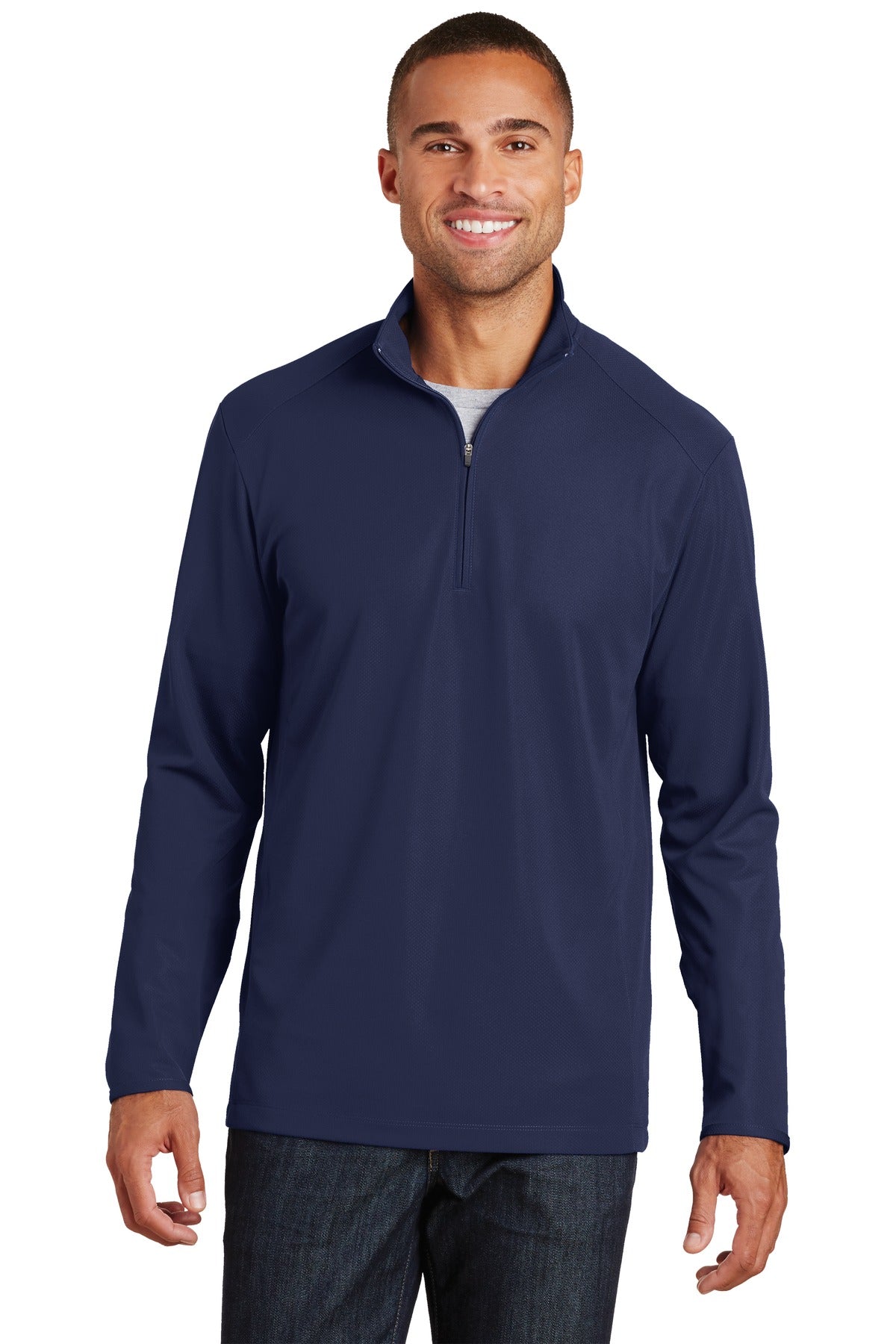 Front View of True Navy Port Authority Pinpoint Mesh 1/2-Zip. K806 plain