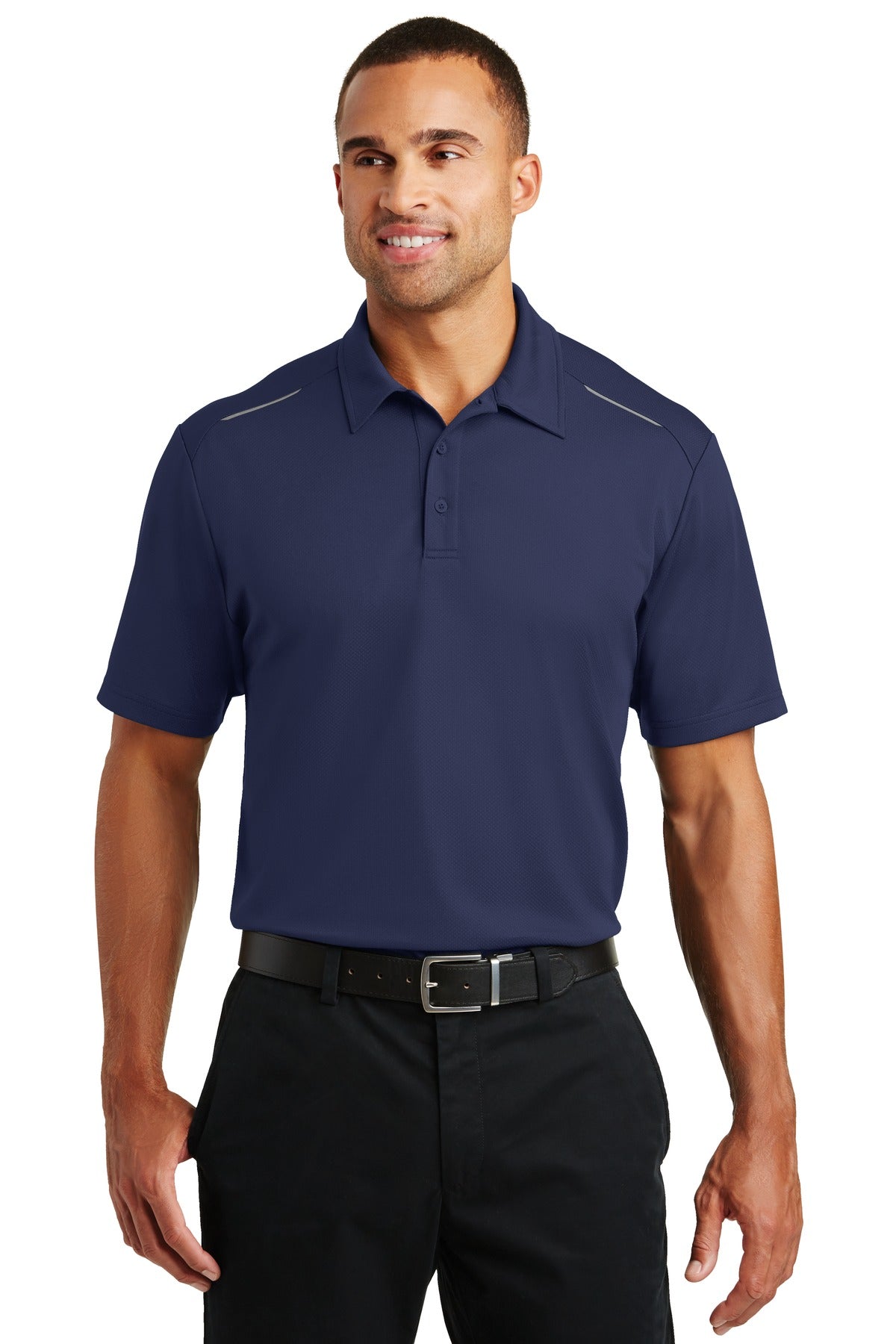 Front View of True Navy Port Authority Pinpoint Mesh Polo. K580 plain