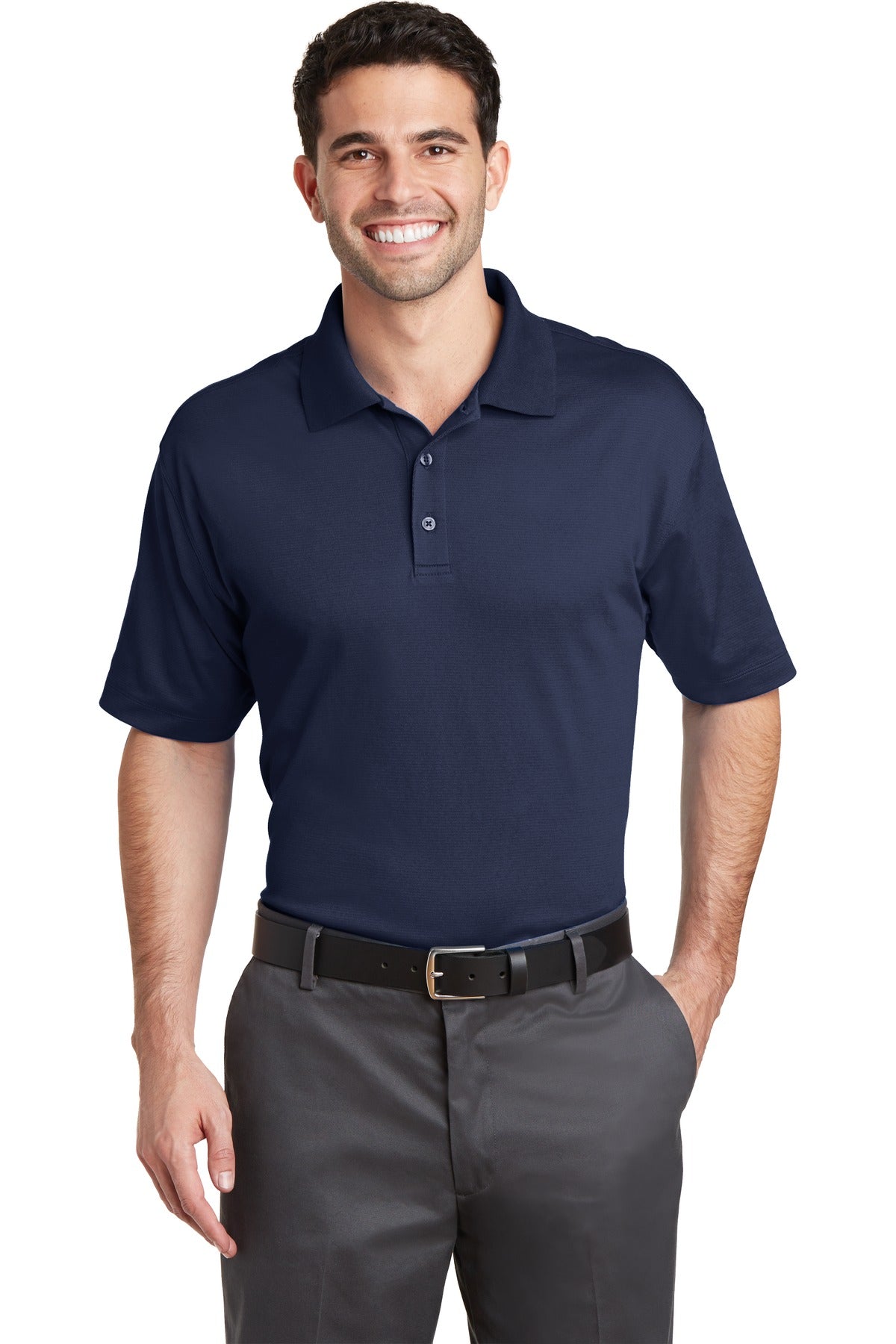 Front View of True Navy Port Authority Rapid Dry Mesh Polo. K573 plain