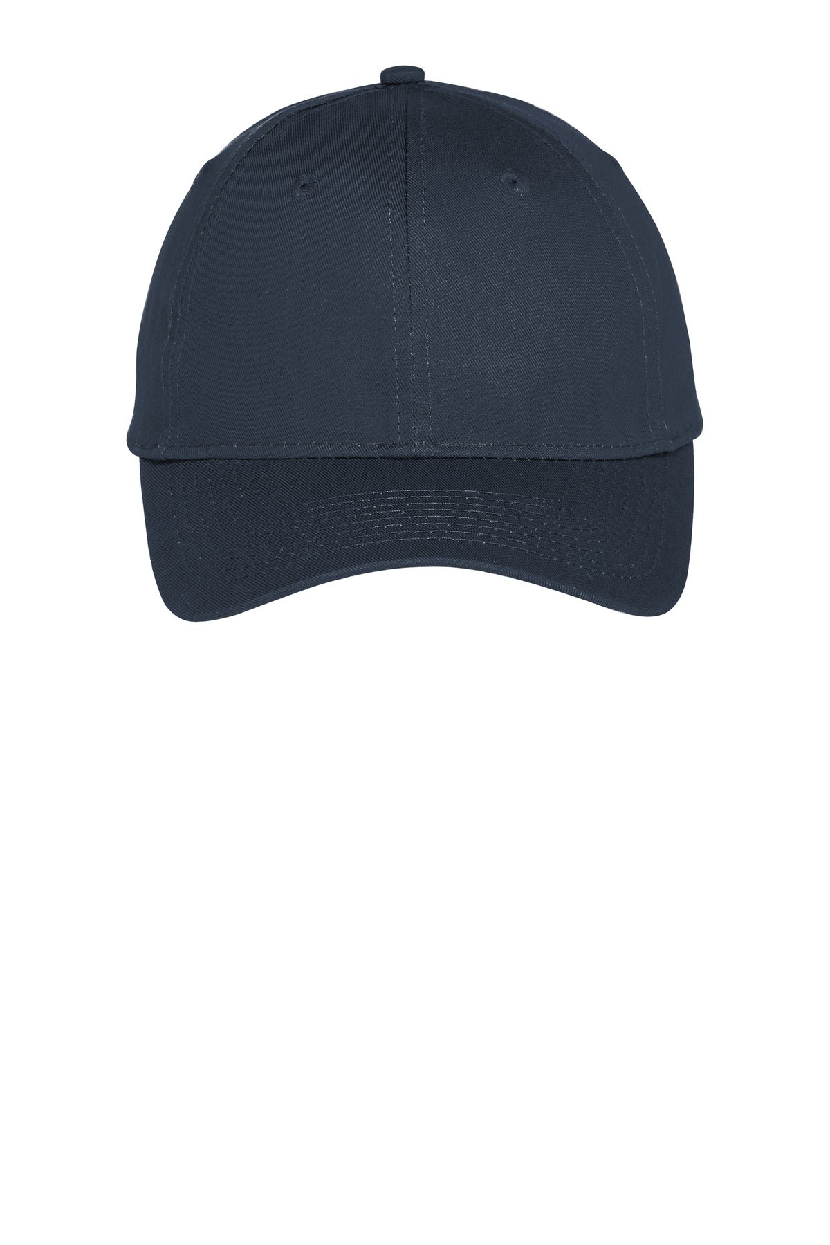 Front View of True Navy Port Authority Six-Panel Unstructured Twill Cap. C914 plain