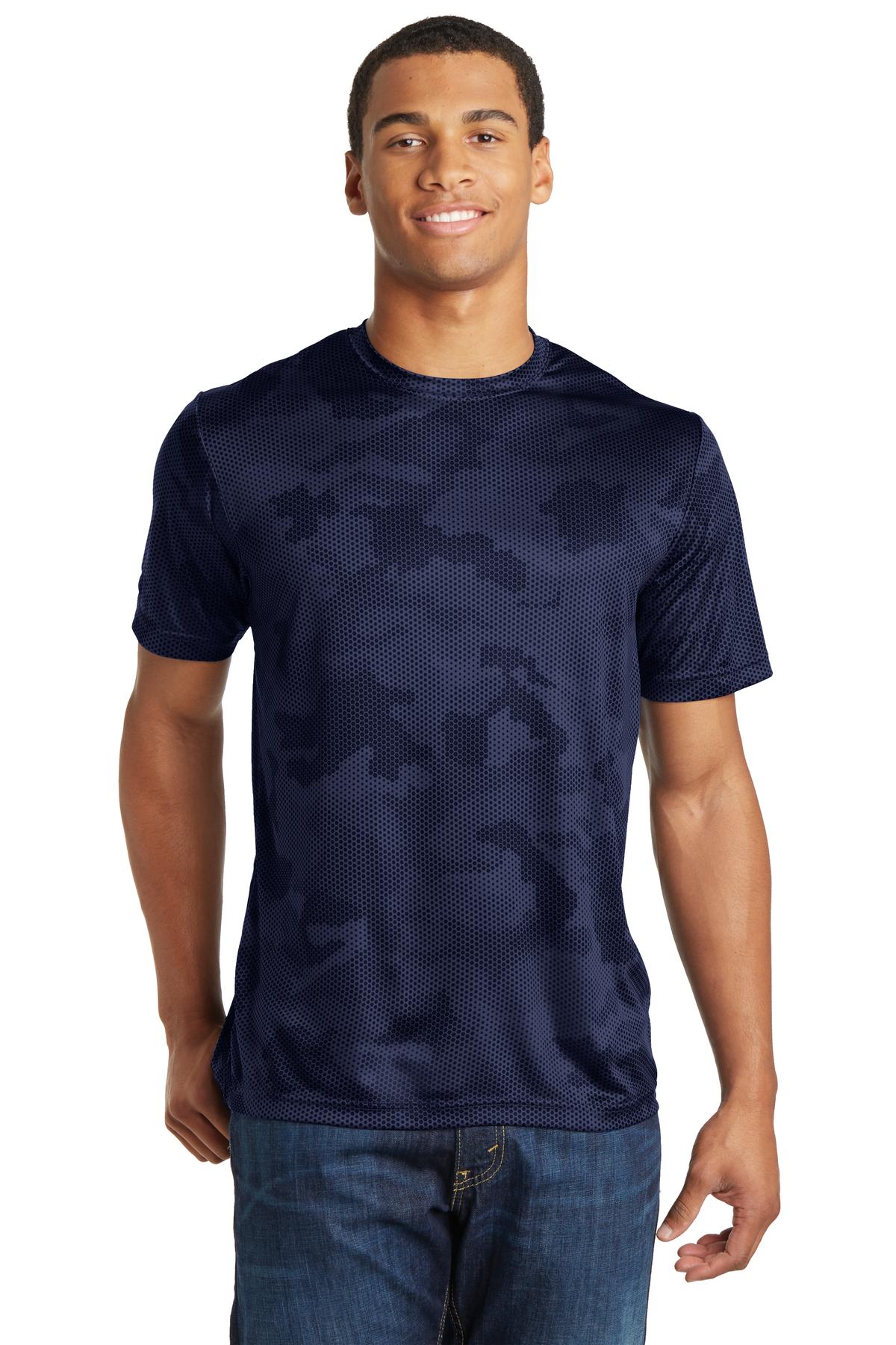 Front View of True Navy Sport-Tek CamoHex Tee. ST370 plain