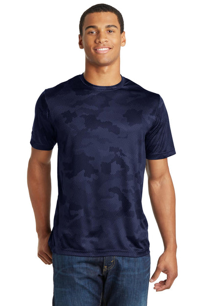 Front View of True Navy Sport-Tek CamoHex Tee. ST370 plain