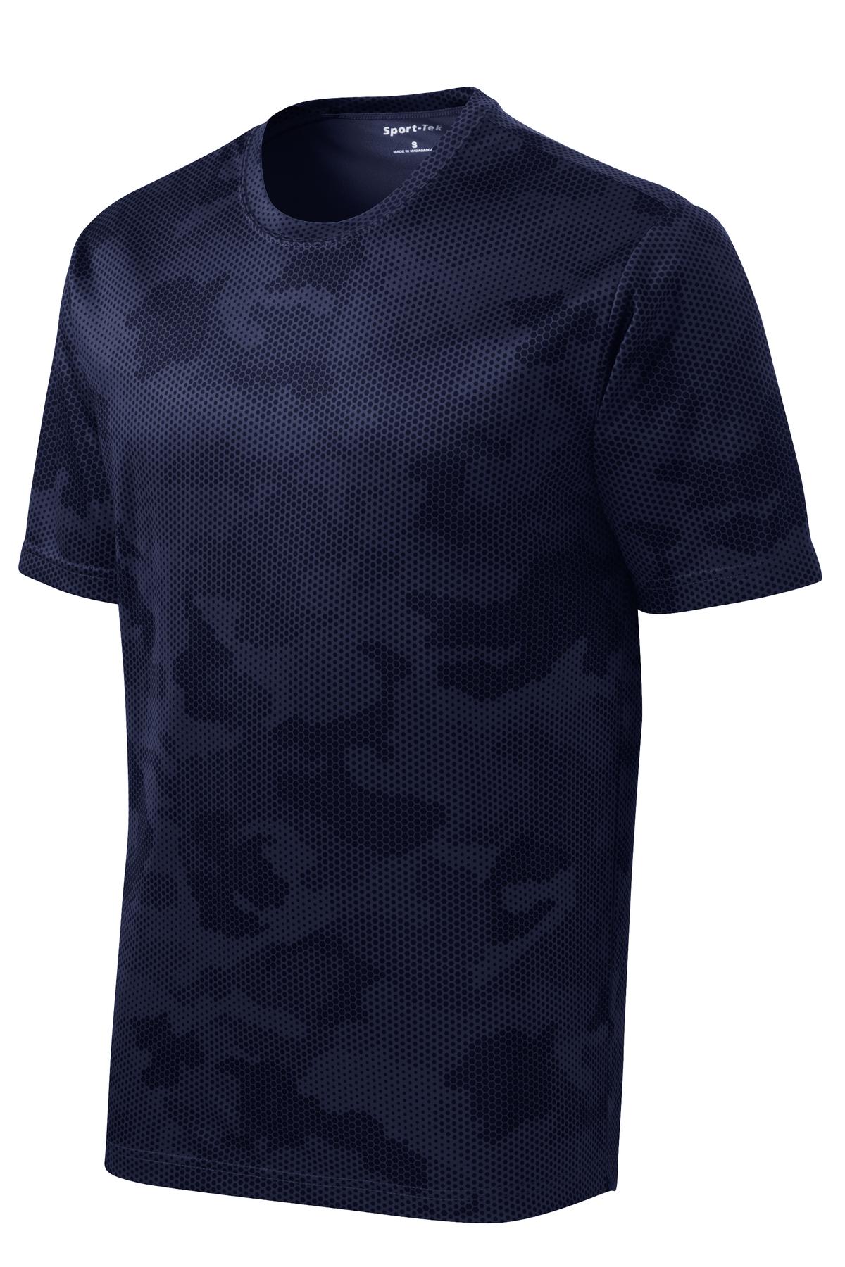 Front View of True Navy Sport-Tek CamoHex Tee. ST370 plain