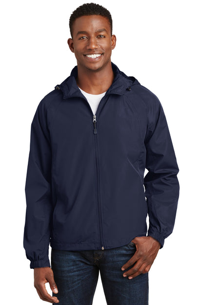 Front View of True Navy Sport-Tek Hooded Raglan Jacket. JST73 plain