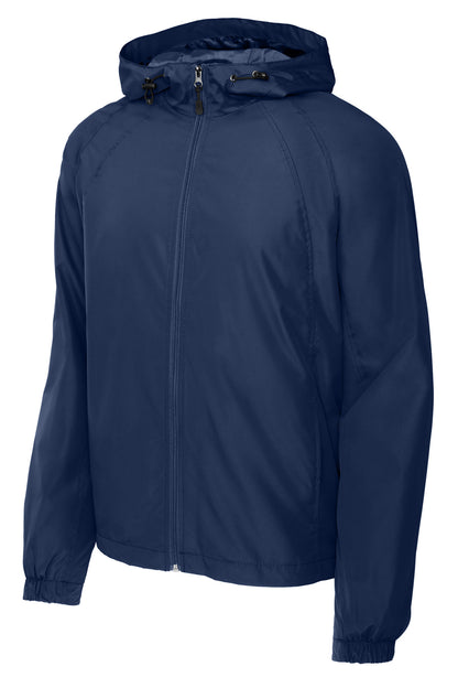 Front View of True Navy Sport-Tek Hooded Raglan Jacket. JST73 plain