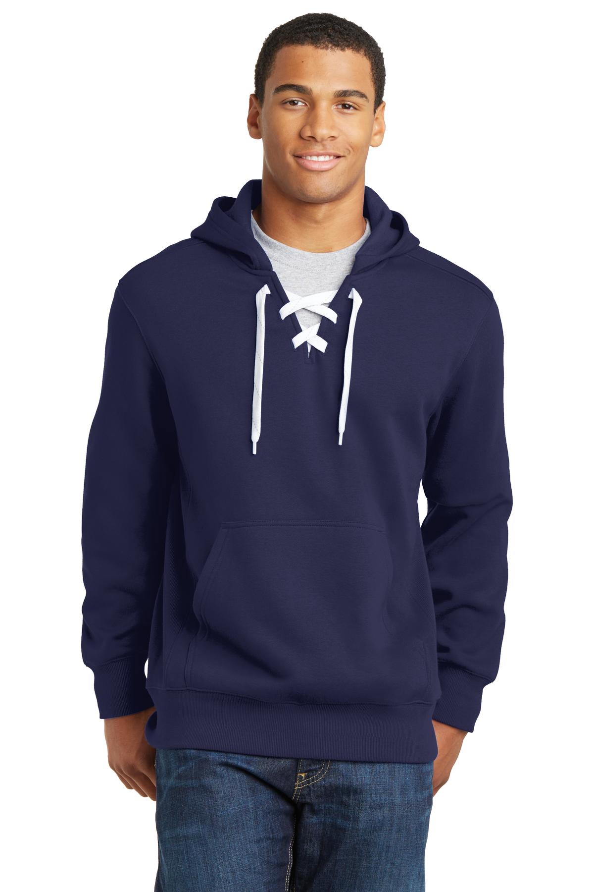 Front View of True Navy Sport-Tek Lace Up Pullover Hooded Sweatshirt. ST271 plain