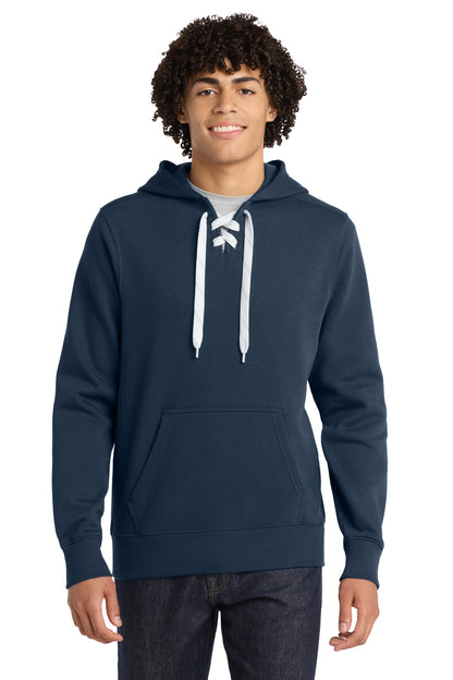 Front View of True Navy Sport-Tek Lace Up Pullover Hooded Sweatshirt. ST271 plain