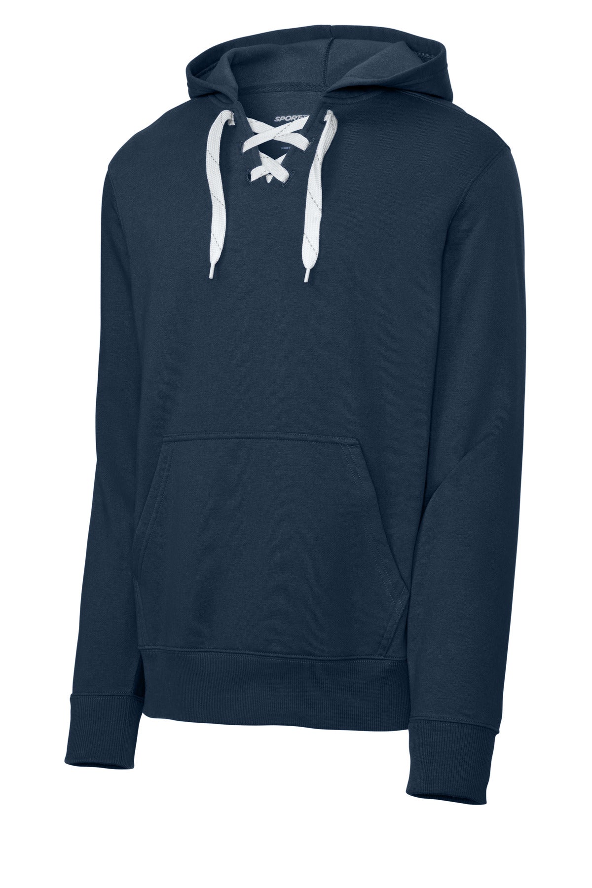 Front View of True Navy Sport-Tek Lace Up Pullover Hooded Sweatshirt. ST271 plain