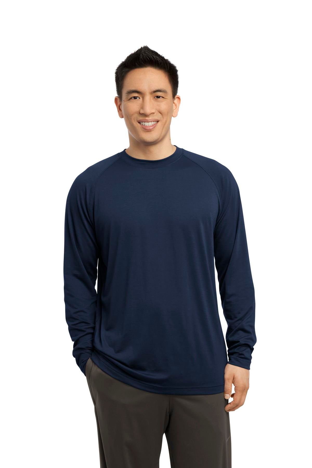 Front View of True Navy Sport-Tek Long Sleeve Ultimate Performance Crew. ST700LS plain