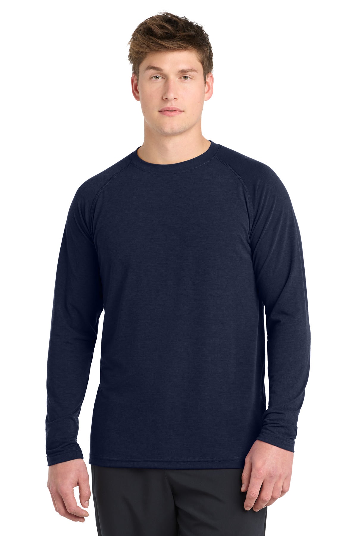 Front View of True Navy Sport-Tek Long Sleeve Ultimate Performance Crew. ST700LS plain