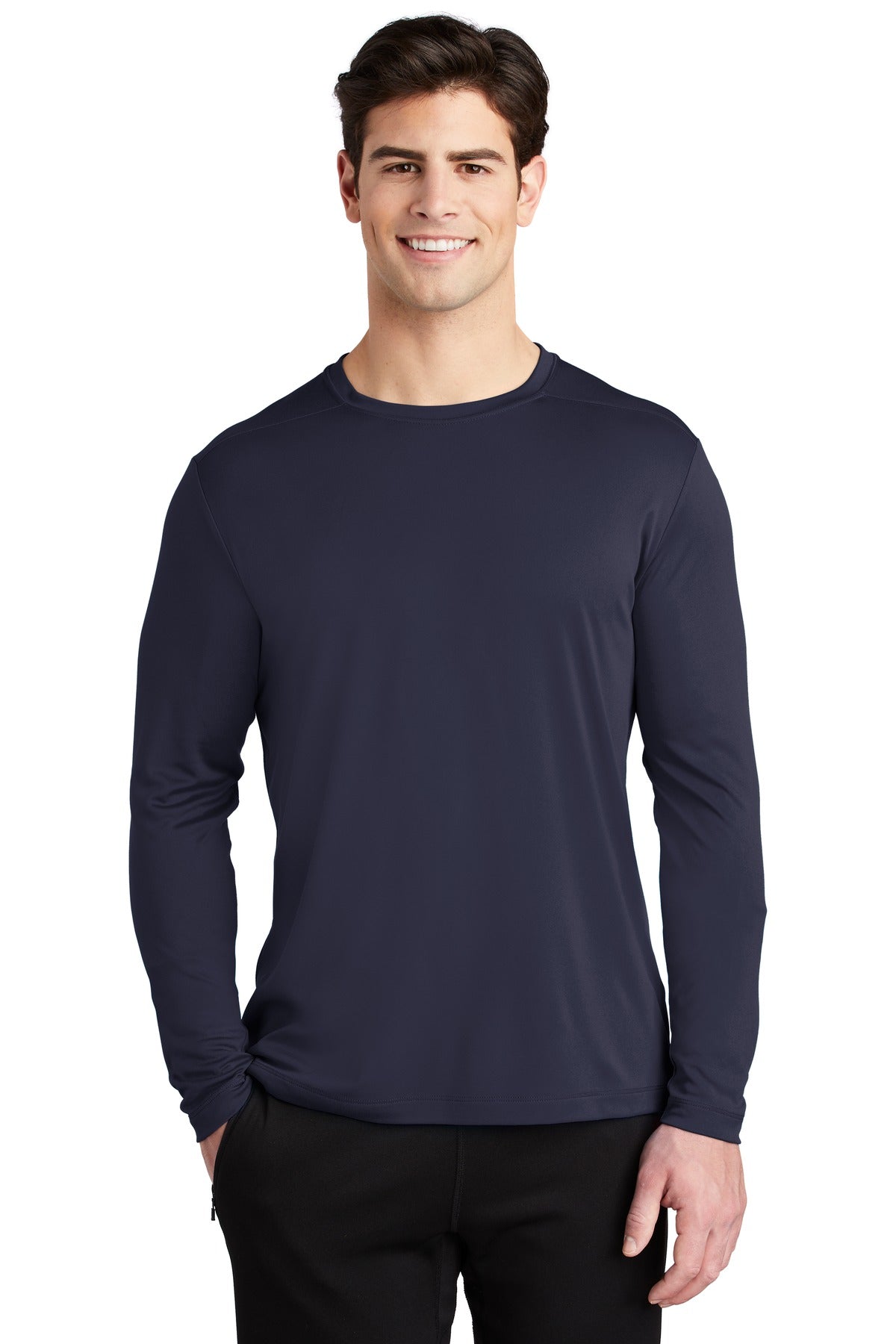 Front View of True Navy Sport-Tek Posi-UV Pro Long Sleeve Tee. ST420LS plain
