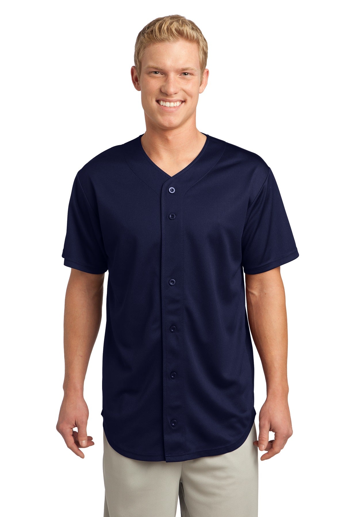 Front View of True Navy Sport-Tek PosiCharge Tough Mesh Full-Button Jersey. ST220 plain