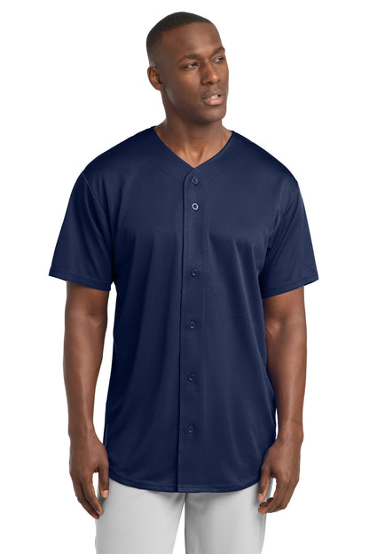 Front View of True Navy Sport-Tek PosiCharge Tough Mesh Full-Button Jersey. ST220 plain