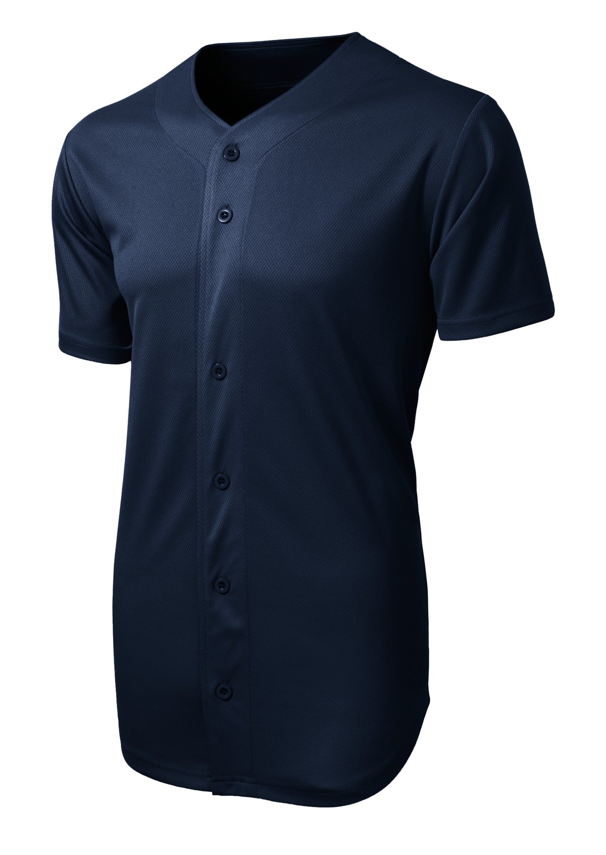 Front View of True Navy Sport-Tek PosiCharge Tough Mesh Full-Button Jersey. ST220 plain