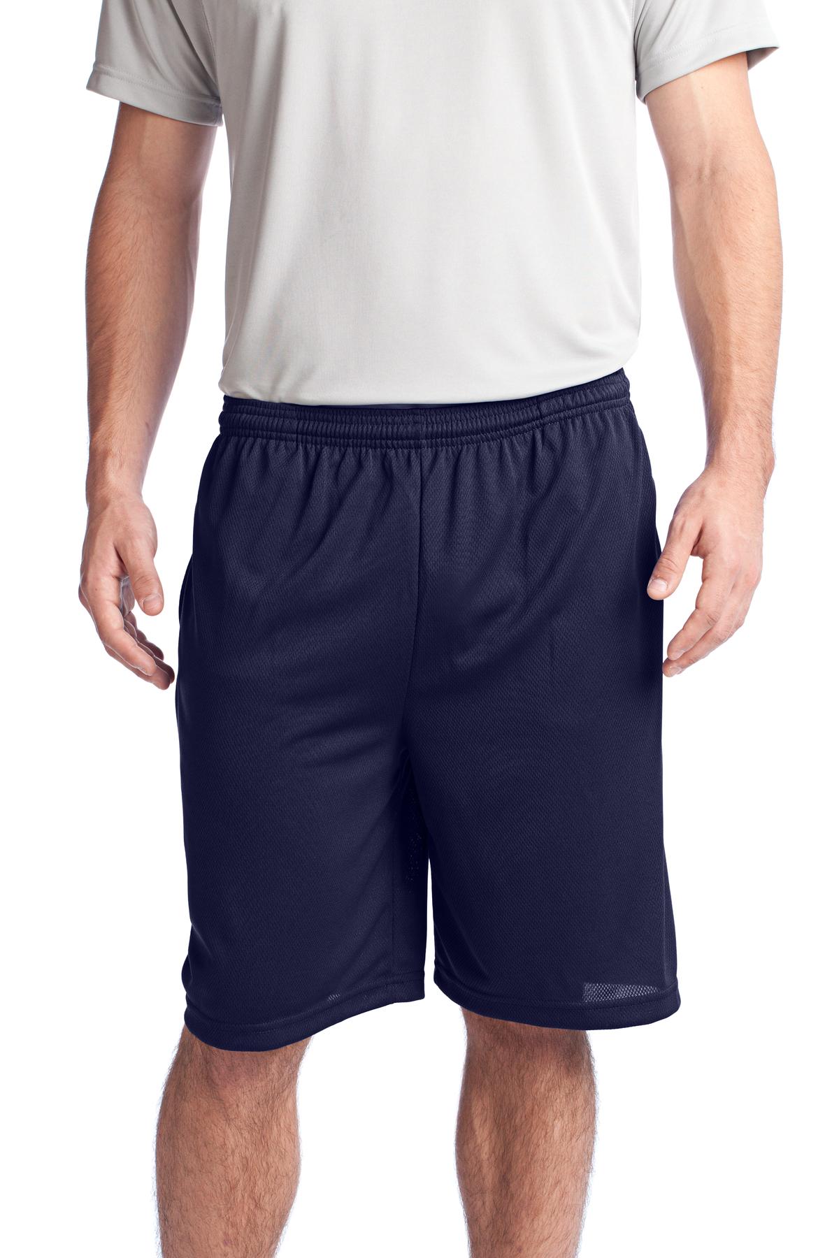 Front View of True Navy Sport-Tek PosiCharge Tough Mesh Pocket Short. ST312 plain