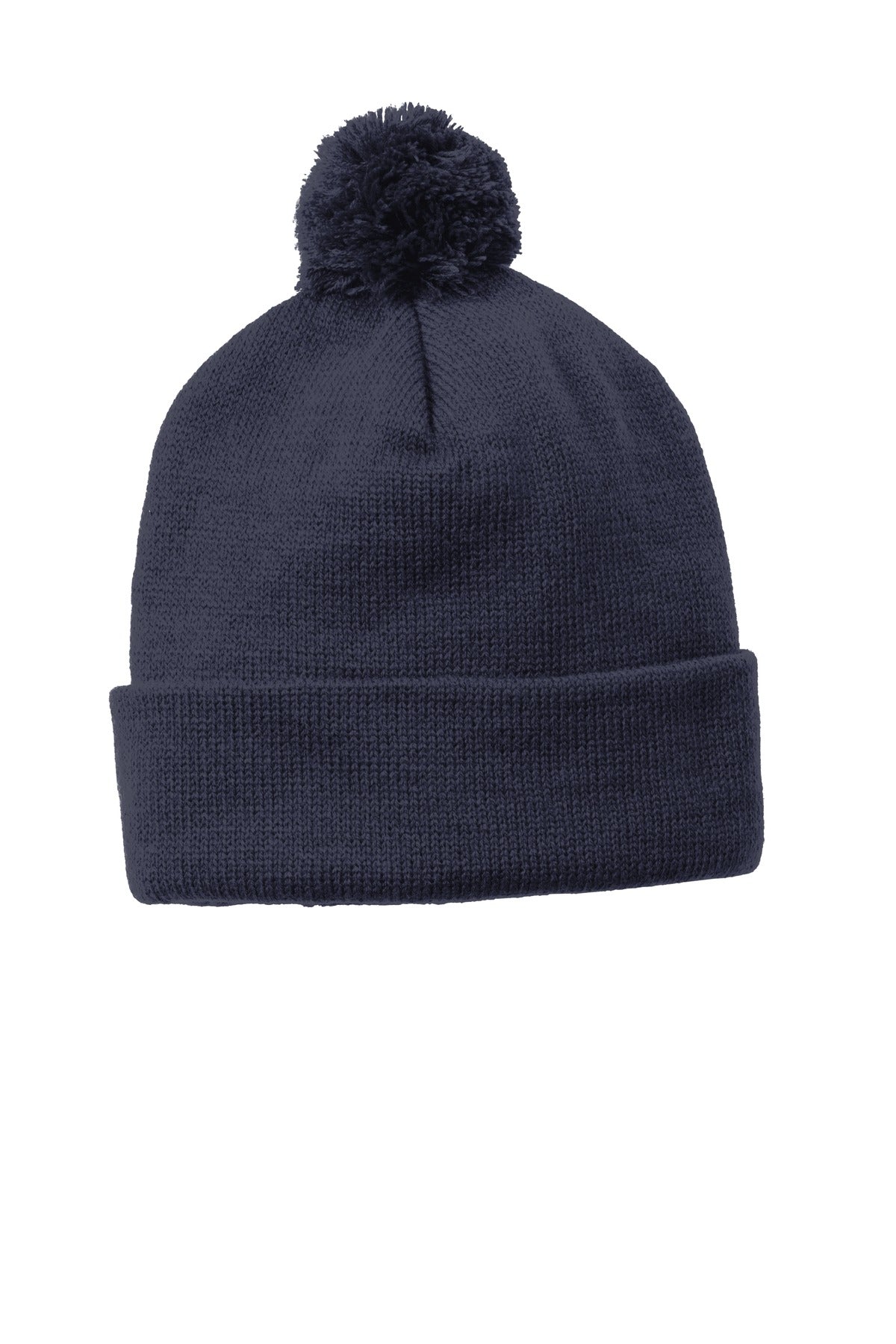 Front View of True Navy Sport-Tek Solid Pom Pom Beanie. STC37