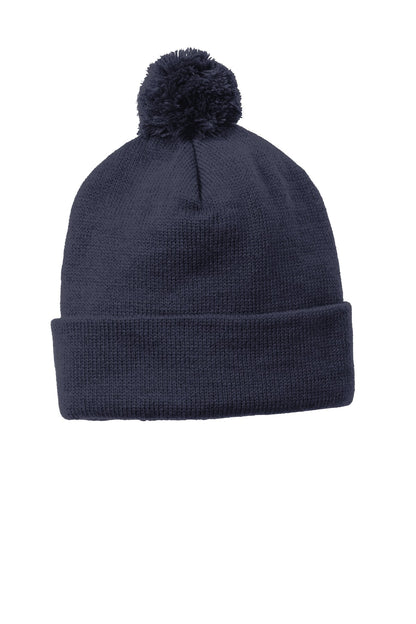 Front View of True Navy Sport-Tek Solid Pom Pom Beanie. STC37