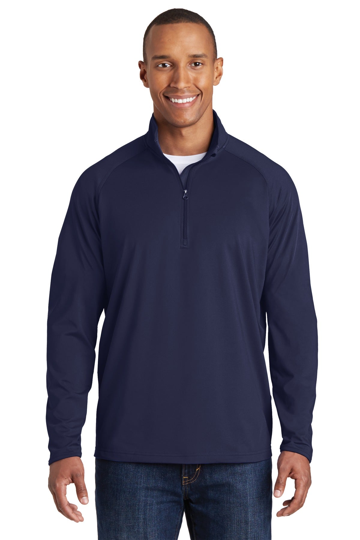 Front View of True Navy Sport-Tek Sport-Wick Stretch 1/4-Zip Pullover. ST850 plain