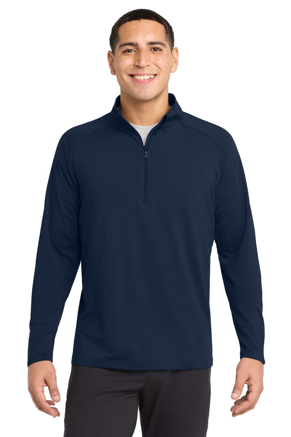 Front View of True Navy Sport-Tek Sport-Wick Stretch 1/4-Zip Pullover. ST850 plain