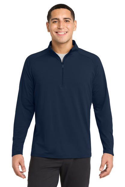 Front View of True Navy Sport-Tek Sport-Wick Stretch 1/4-Zip Pullover. ST850 plain