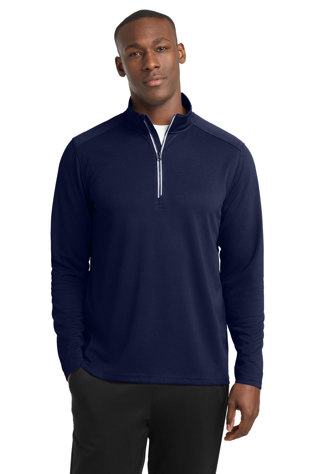 Front View of True Navy Sport-Tek Sport-Wick Textured 1/4-Zip Pullover. ST860 plain