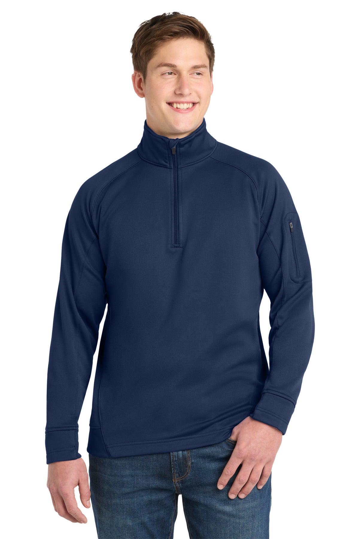 Front View of True Navy Sport-Tek Tech Fleece 1/4-Zip Pullover. F247 plain