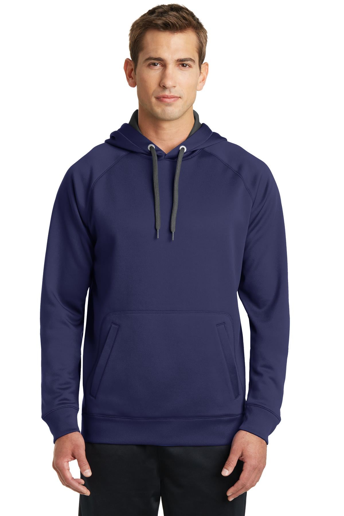 Front View of True Navy Sport-Tek Tech Fleece Hooded Sweatshirt. ST250 plain